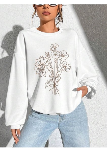 Çiçek Buketi Baskılı Bisiklet Yaka Ünisex Beyaz Oversize Sweatshirt
