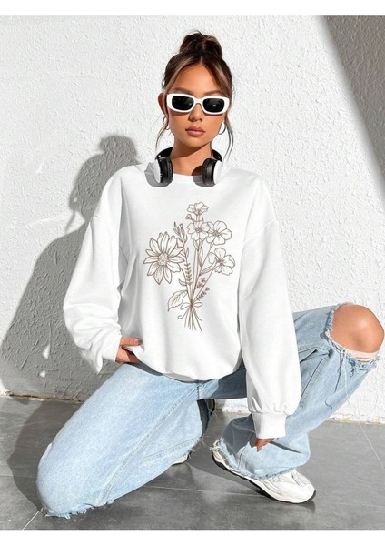 Çiçek Buketi Baskılı Bisiklet Yaka Ünisex Beyaz Oversize Sweatshirt fiyatları