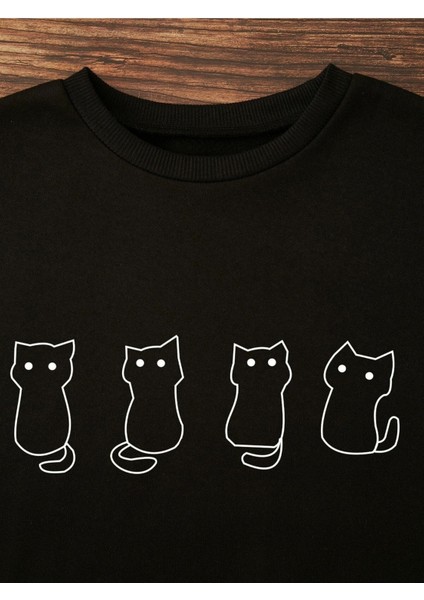 4'lü Kedi Baskılı Bisiklet Yaka Ünisex Oversize Sweatshirt fiyatları