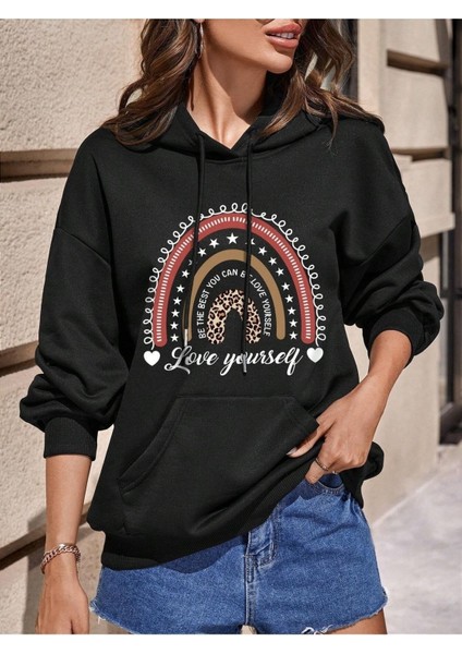 Love Yourself Baskılı Ünisex Siyah Kapüşonlu Oversize Sweatshirt