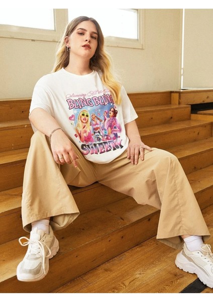 Beyaz Oversize T-Shirt Sweety Baskılı
