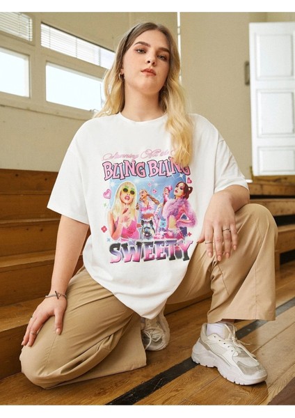 Beyaz Oversize T-Shirt Sweety Baskılı indirimleri