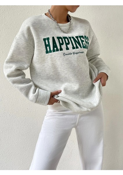 Double Happiness Baskılı Bisiklet Yaka Ünisex Gri Oversize Sweatshirt
