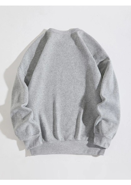 Double Happiness Baskılı Bisiklet Yaka Ünisex Gri Oversize Sweatshirt fiyatları