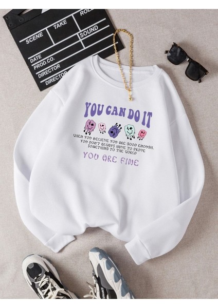 Kadın Beyaz You Can Do It Baskılı Oversize Sweatshirt