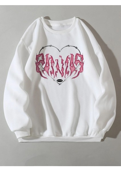 Kadın Beyaz Yanan Kalp Baskılı Oversize Sweatshirt