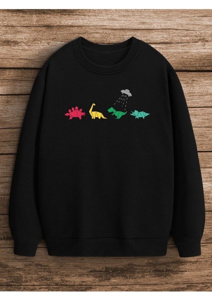 Dinazor Baskılı Beyaz Bisiklet Yaka Ünisex Oversize Sweatshirt