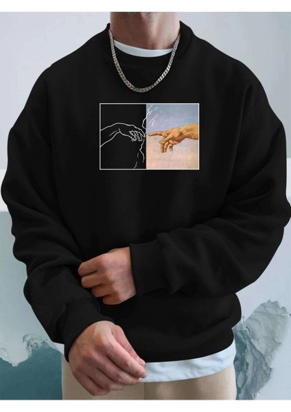 Varoluş Baskılı Bisiklet Yaka Ünisex Oversize Sweatshirt