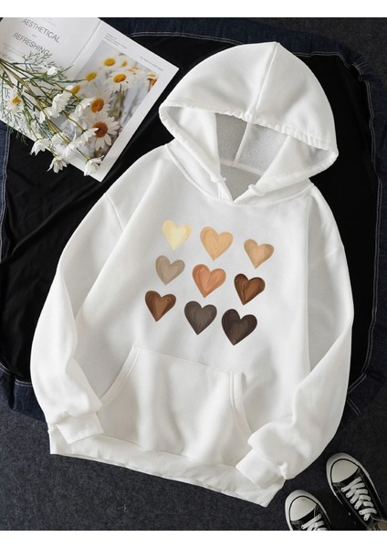 Unisex Kalp Baskılı Kapüşonlu Sweatshirt Oversize Kesim