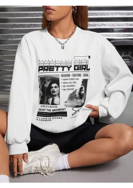 Pretty Girl Afiş Baskılı Bisiklet Yaka Ünisex Siyah Oversize Sweatshirt
