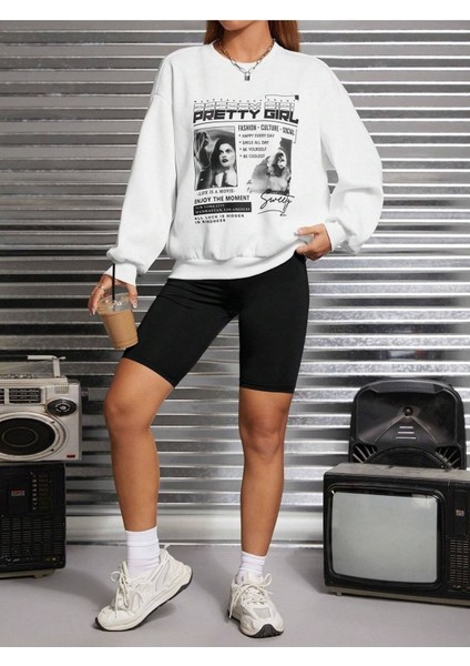Pretty Girl Afiş Baskılı Bisiklet Yaka Ünisex Siyah Oversize Sweatshirt fiyatları