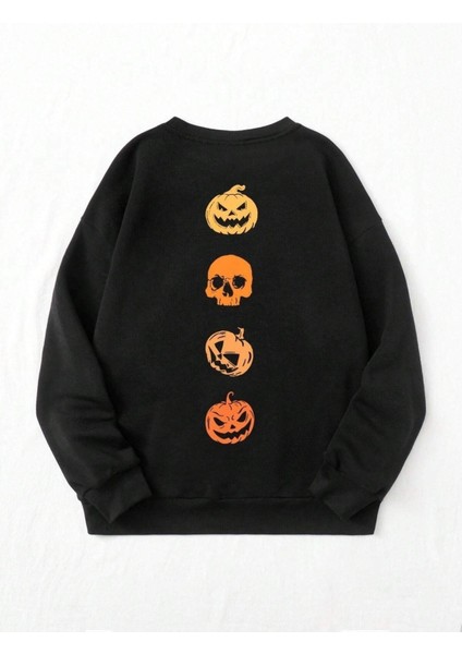Korkunç Balkabak Sırt Baskılı Bisiklet Yaka Ünisex Siyah Oversize Sweatshirt fiyatları