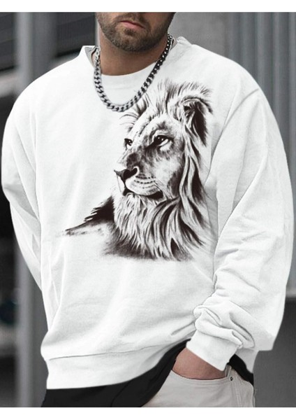 Aslan Baskılı Beyaz Bisiklet Yaka Ünisex Oversize Sweatshirt
