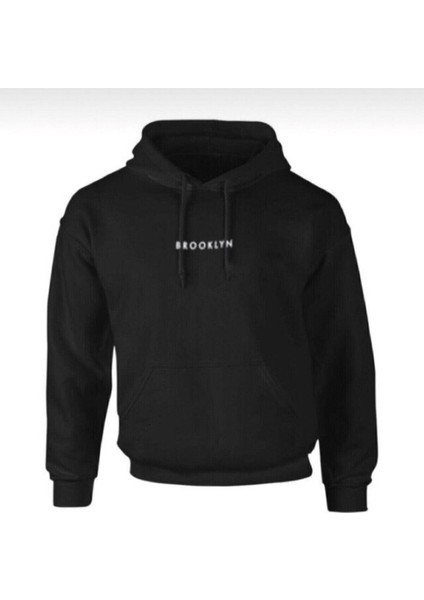 Brookolyn Baskılı Oversize Unisex Siyah Kapşonlu Sweatshirt