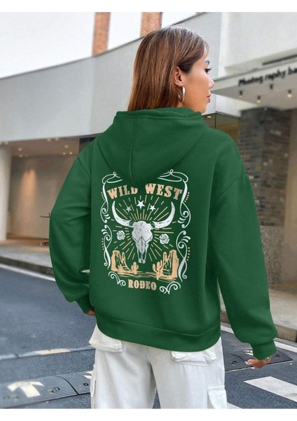 Wıld West Rodeo Baskılı Ünisex Siyah Kapüşonlu Oversize Sweatshirt