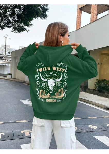 Wıld West Rodeo Baskılı Ünisex Siyah Kapüşonlu Oversize Sweatshirt modelleri