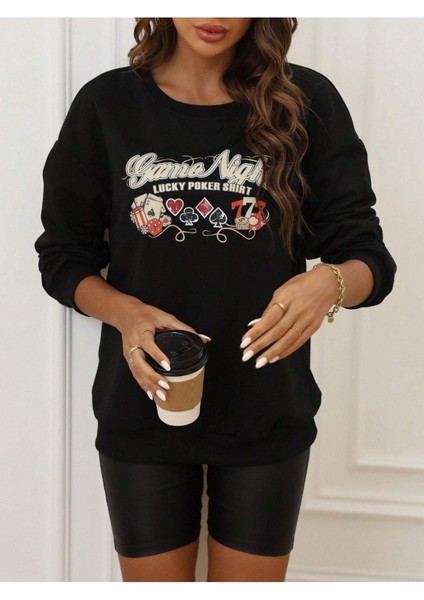 Game Night Baskılı Bisiklet Yaka Ünisex Siyah Oversize Sweatshirt fiyatları