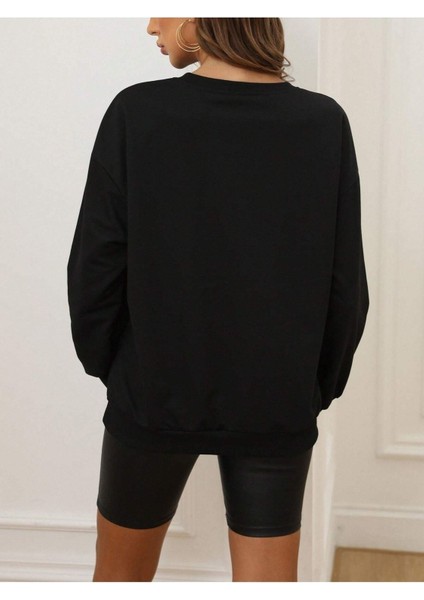 Game Night Baskılı Bisiklet Yaka Ünisex Siyah Oversize Sweatshirt modelleri