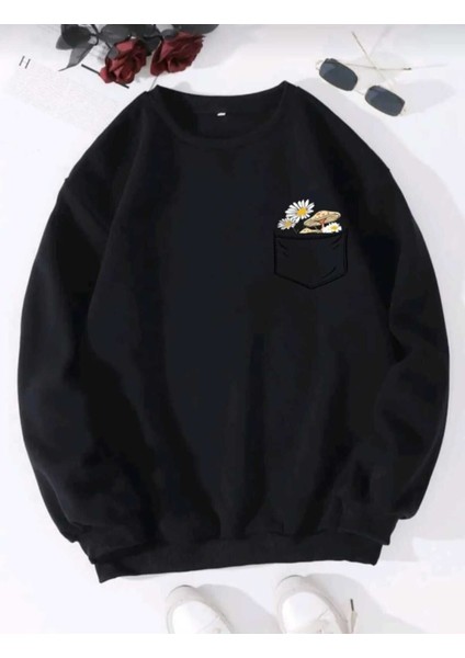 Çiçek Cep Baskılı Bisiklet Yaka Salaş Eşofman Üstü Oversize Sweatshirt
