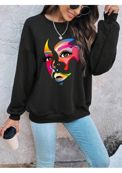 Renkli Yüz Baskılı Bisiklet Yaka Ünisex Siyah Oversize Sweatshirt modelleri