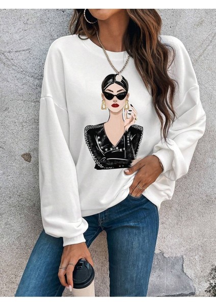 Siyah Giyen Kadın Baskılı Bisiklet Yaka Ünisex Siyah Oversize Sweatshirt modelleri
