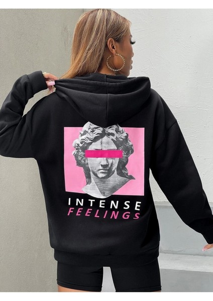 Intense Felling Heykel Baskılı Ünisex Siyah Kapüşonlu Oversize Sweatshirt