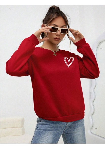 Kalp Baskılı Oversize Sıfır Yaka Sweatshirt modelleri