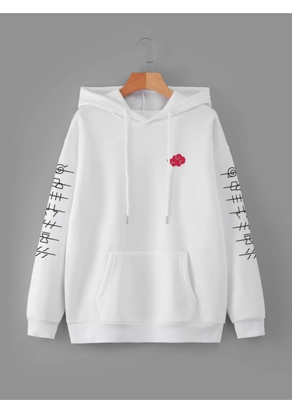 Beyaz Naruto Anime Kolları Baskılı Unisex Oversize Kapüşonlu Sweatshirt
