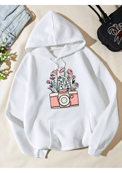 Fotoğraf Makinası Baskılı Ünisex Beyaz Kapüşonlu Oversize Sweatshirt