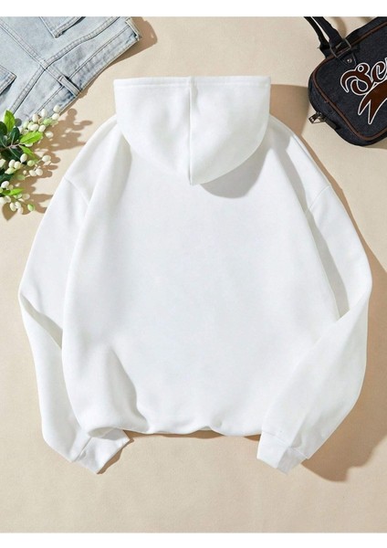 Fotoğraf Makinası Baskılı Ünisex Beyaz Kapüşonlu Oversize Sweatshirt fiyatları