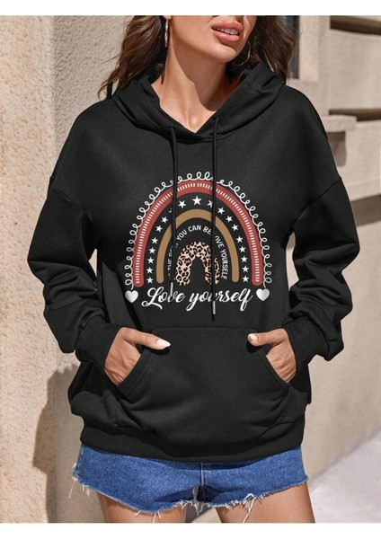 Love Yourself Baskılı Ünisex Siyah Kapüşonlu Oversize Sweatshirt