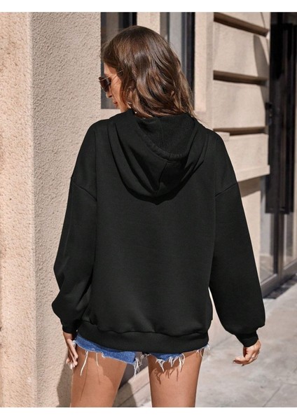 Love Yourself Baskılı Ünisex Siyah Kapüşonlu Oversize Sweatshirt