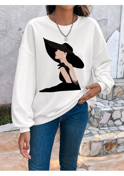 Büyük Şapkalı Kadın Baskılı Bisiklet Yaka Ünisex Beyaz Oversize Sweatshirt modelleri