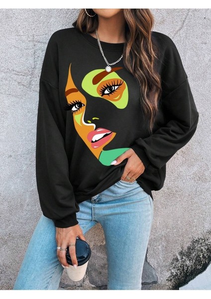 Turuncu Yüz Baskılı Bisiklet Yaka Ünisex Siyah Oversize Sweatshirt