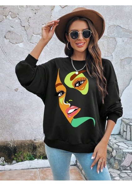 Turuncu Yüz Baskılı Bisiklet Yaka Ünisex Siyah Oversize Sweatshirt fiyatları
