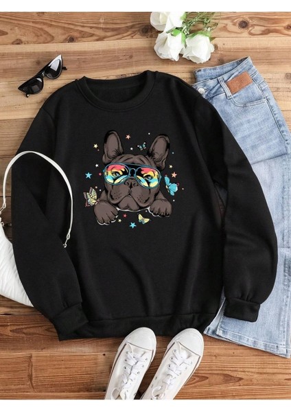 Gözlüklü Köpek Baskılı Bisiklet Yaka Ünisex Siyah Oversize Sweatshirt