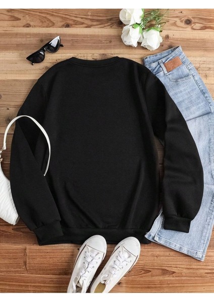 Gözlüklü Köpek Baskılı Bisiklet Yaka Ünisex Siyah Oversize Sweatshirt fiyatları