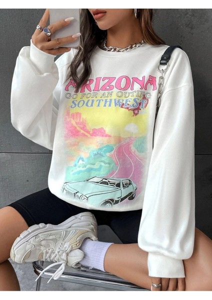 Arizona Southwest Baskılı Bisiklet Yaka Ünisex Beyaz Oversize Sweatshirt