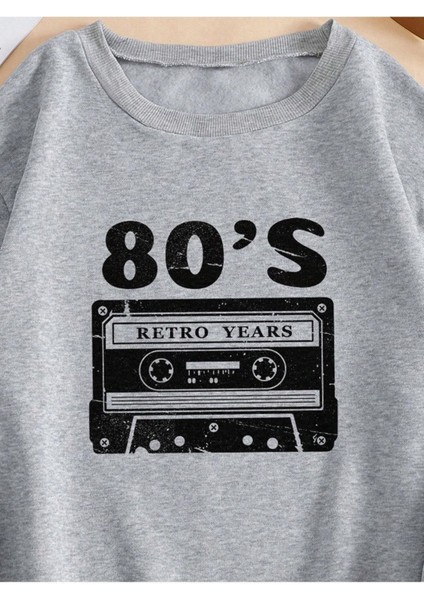 80's Kaset Baskılı Bisiklet Yaka Ünisex Gri Oversize Sweatshirt