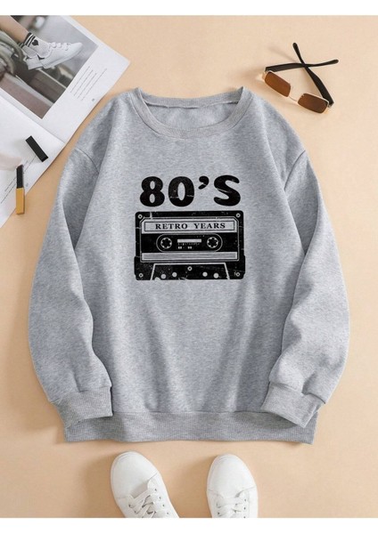 80's Kaset Baskılı Bisiklet Yaka Ünisex Gri Oversize Sweatshirt modelleri