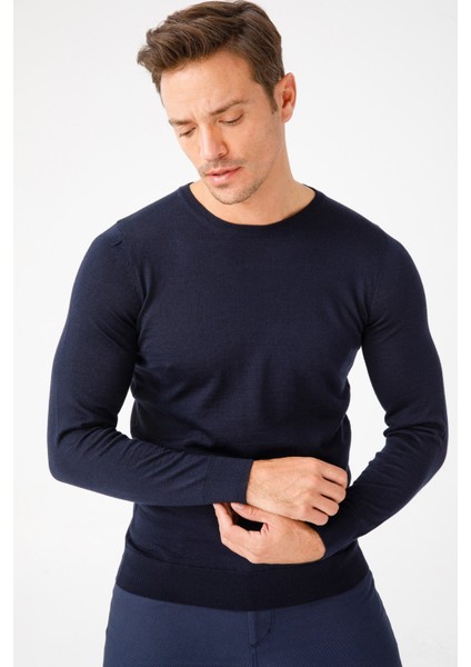 Erkek Basic Sıfır Yaka Ince Triko Kazak Koyu Lacivert