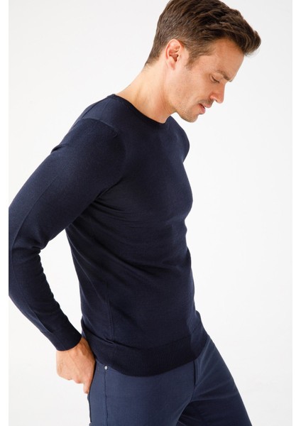 Erkek Basic Sıfır Yaka Ince Triko Kazak Koyu Lacivert fiyatları