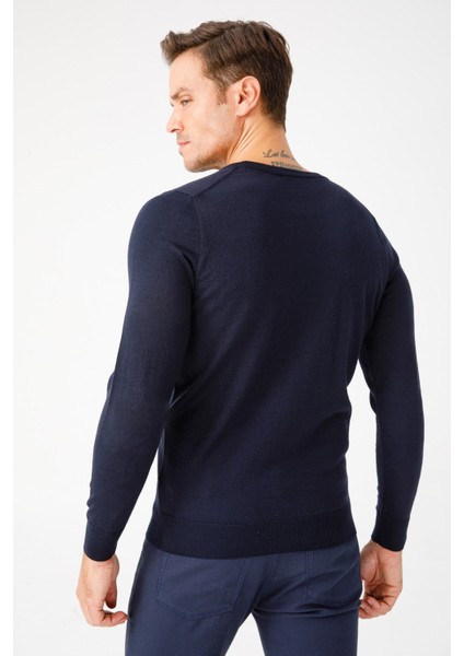 Erkek Basic Sıfır Yaka Ince Triko Kazak Koyu Lacivert modelleri