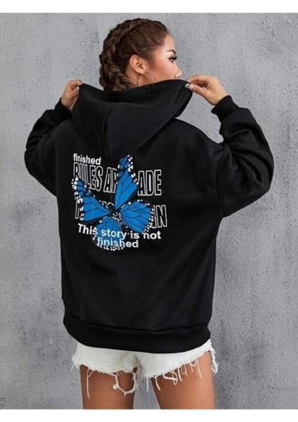 Kadın Siyah Oversize Kapşonlu Sweatshirt Butterfly Baskılı