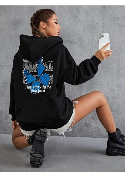 Kadın Siyah Oversize Kapşonlu Sweatshirt Butterfly Baskılı fiyatları