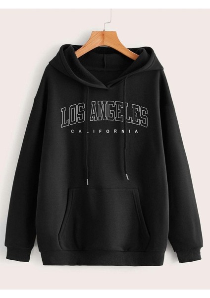 Los Angeles California Baskılı Ünisex Siyah Kapüşonlu Oversize Sweatshirt