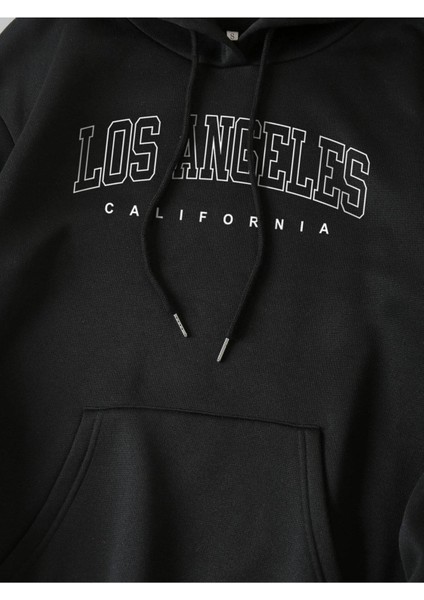 Los Angeles California Baskılı Ünisex Siyah Kapüşonlu Oversize Sweatshirt fiyatları