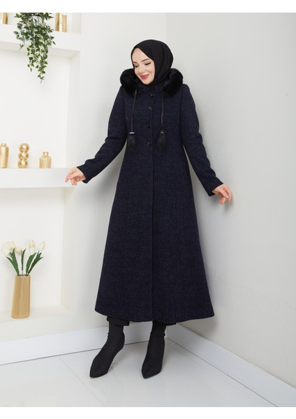 Kışlık Kadın Kaban Kalın Kaşe Düğmeli Kapşonlu Lacivert 57055