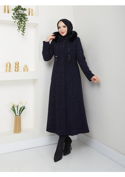 Kışlık Kadın Kaban Kalın Kaşe Düğmeli Kapşonlu Lacivert 57055 fiyatları