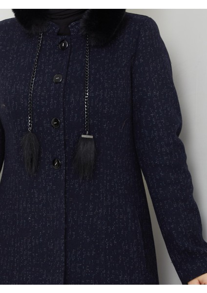 Kışlık Kadın Kaban Kalın Kaşe Düğmeli Kapşonlu Lacivert 57055 modelleri